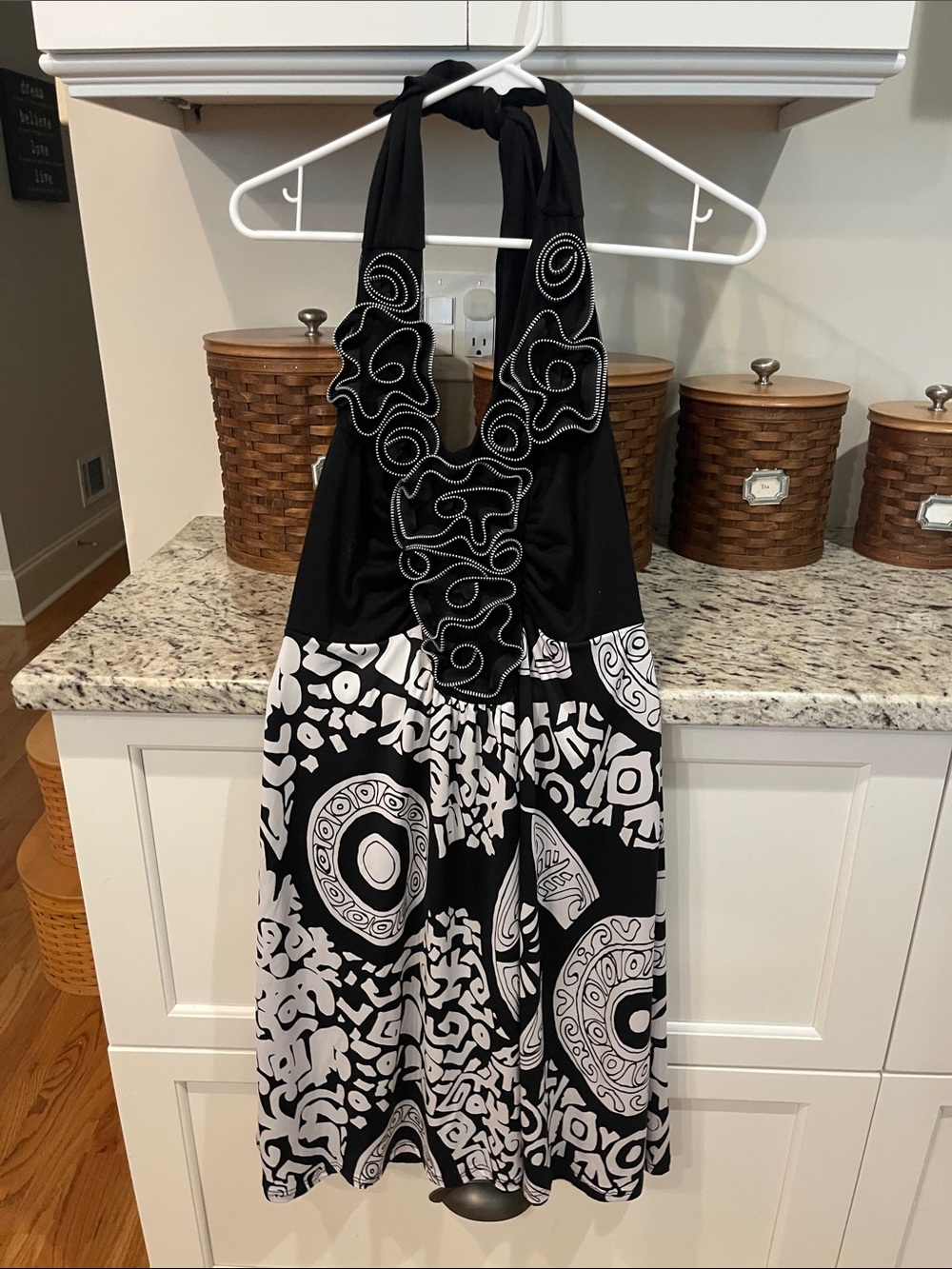 Vibe Black and White Halter Dress with Graphic Print
